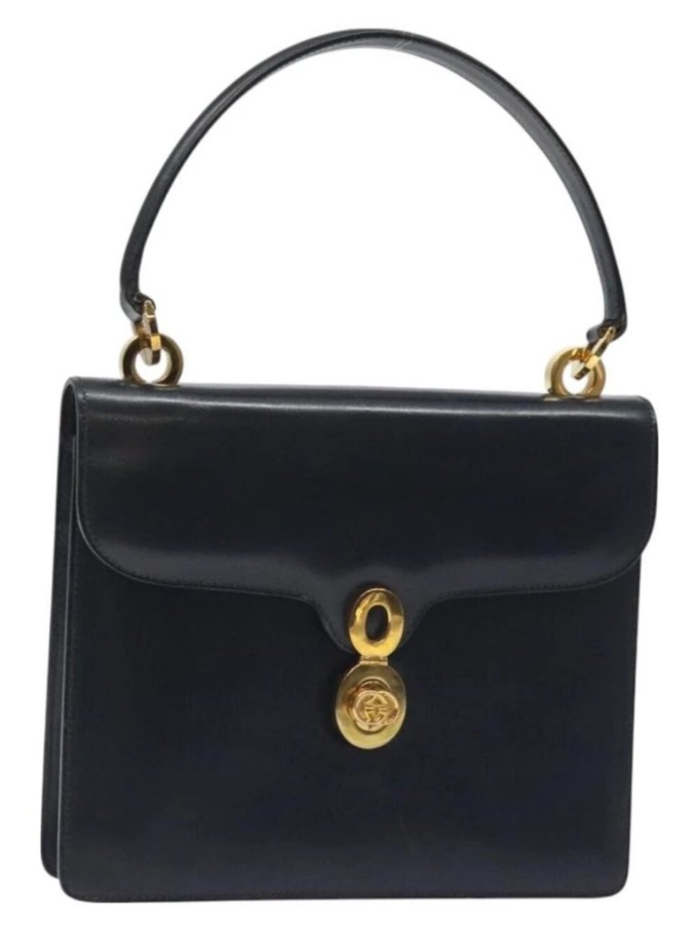 GUCCI Hand Bag Leather Navy Gold Auth